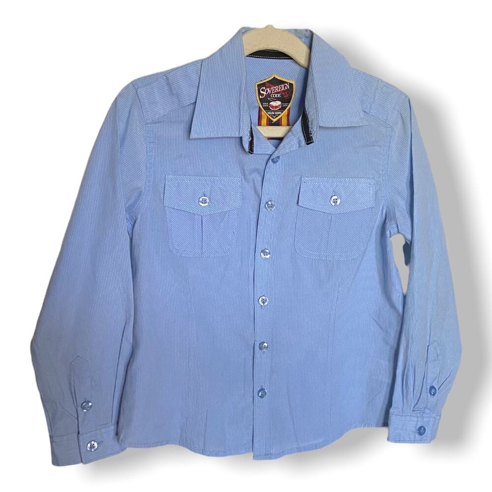 Sovereign Code Boys Shirt Size Medium Blue Striped Dress Dexter Long Sleeve
